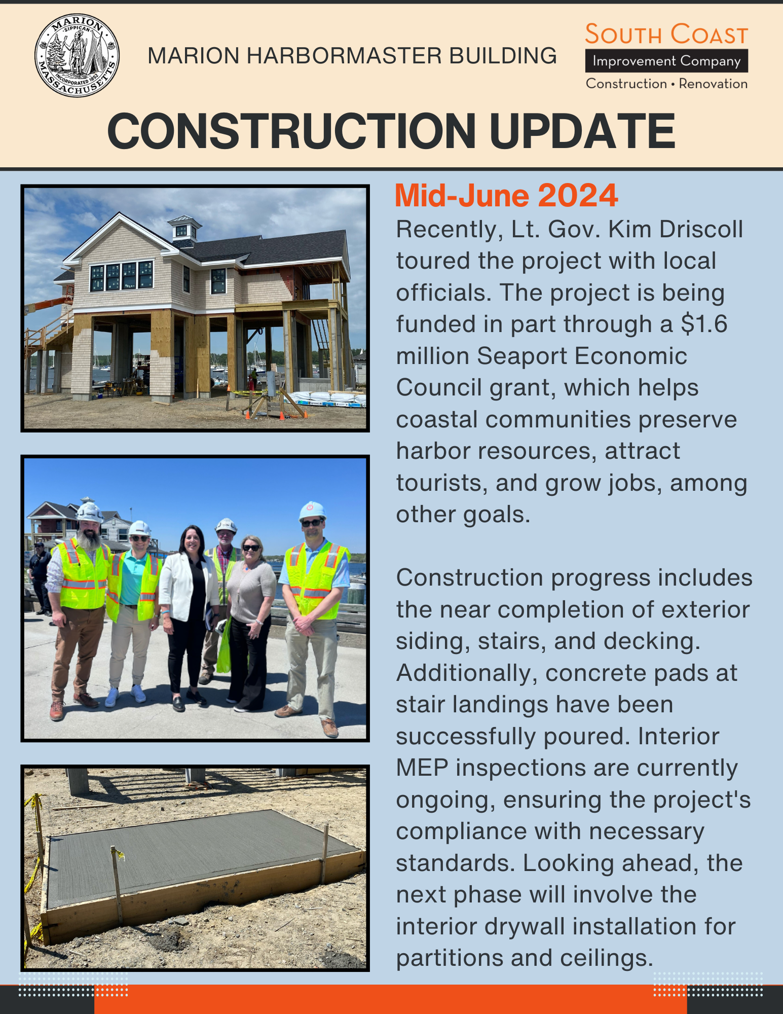 Marion Harbormaster Construction Update, building, people wearing yellow vests and hard hats