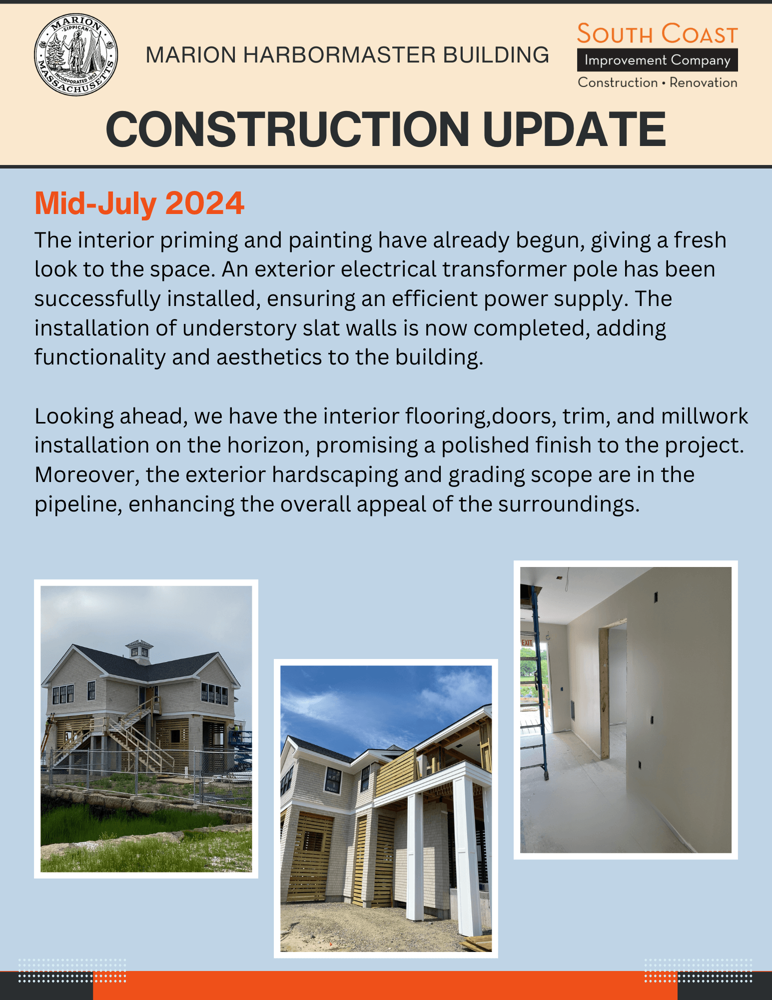 Marion Harbormaster Construction Update, building, inside painted wall, exterior siding progress