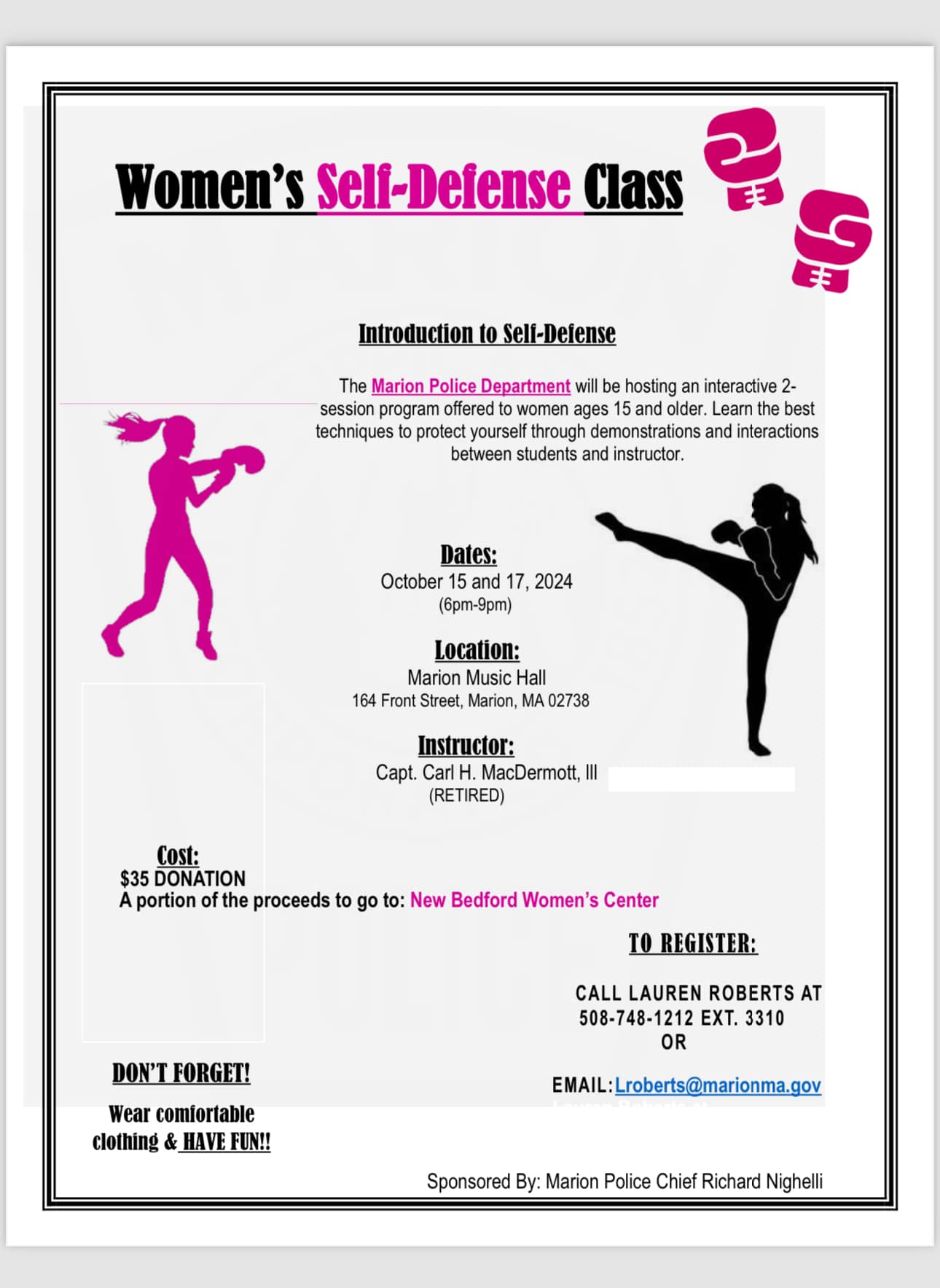 self defense information, pink and black images of women fighting