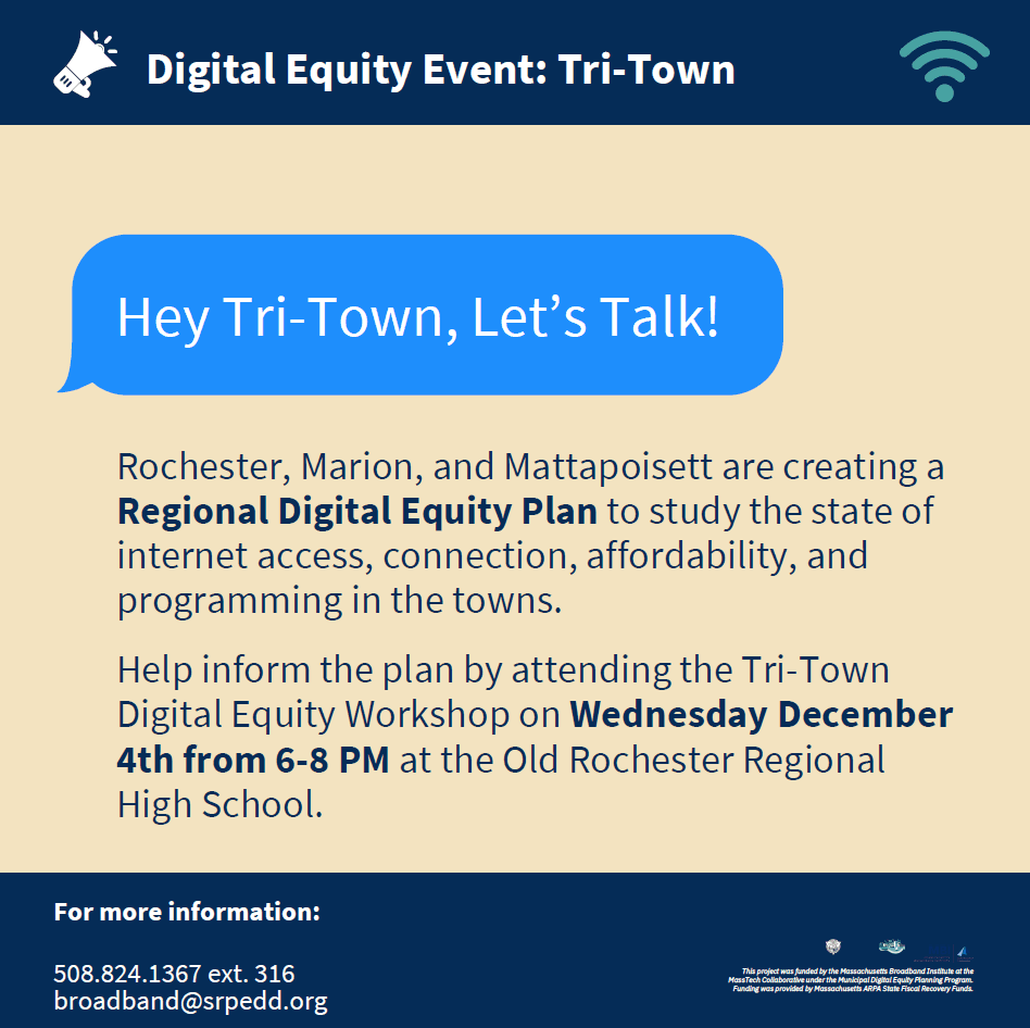 Tri Town digital equity plan workshop blue, tan, white and blue letters