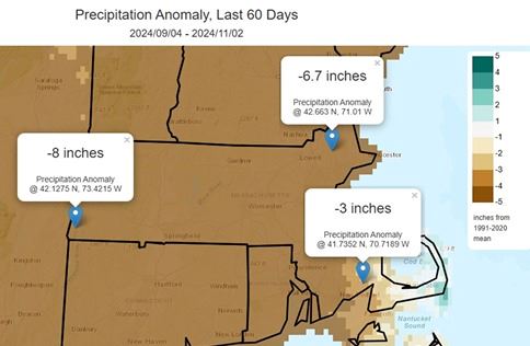 brown, map of massachusetts showing precipitation amounts