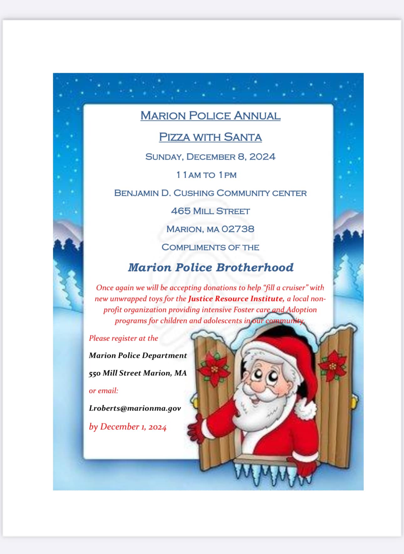 pizza with santa 2024, blue, white, red, invitation to have pizza with santa