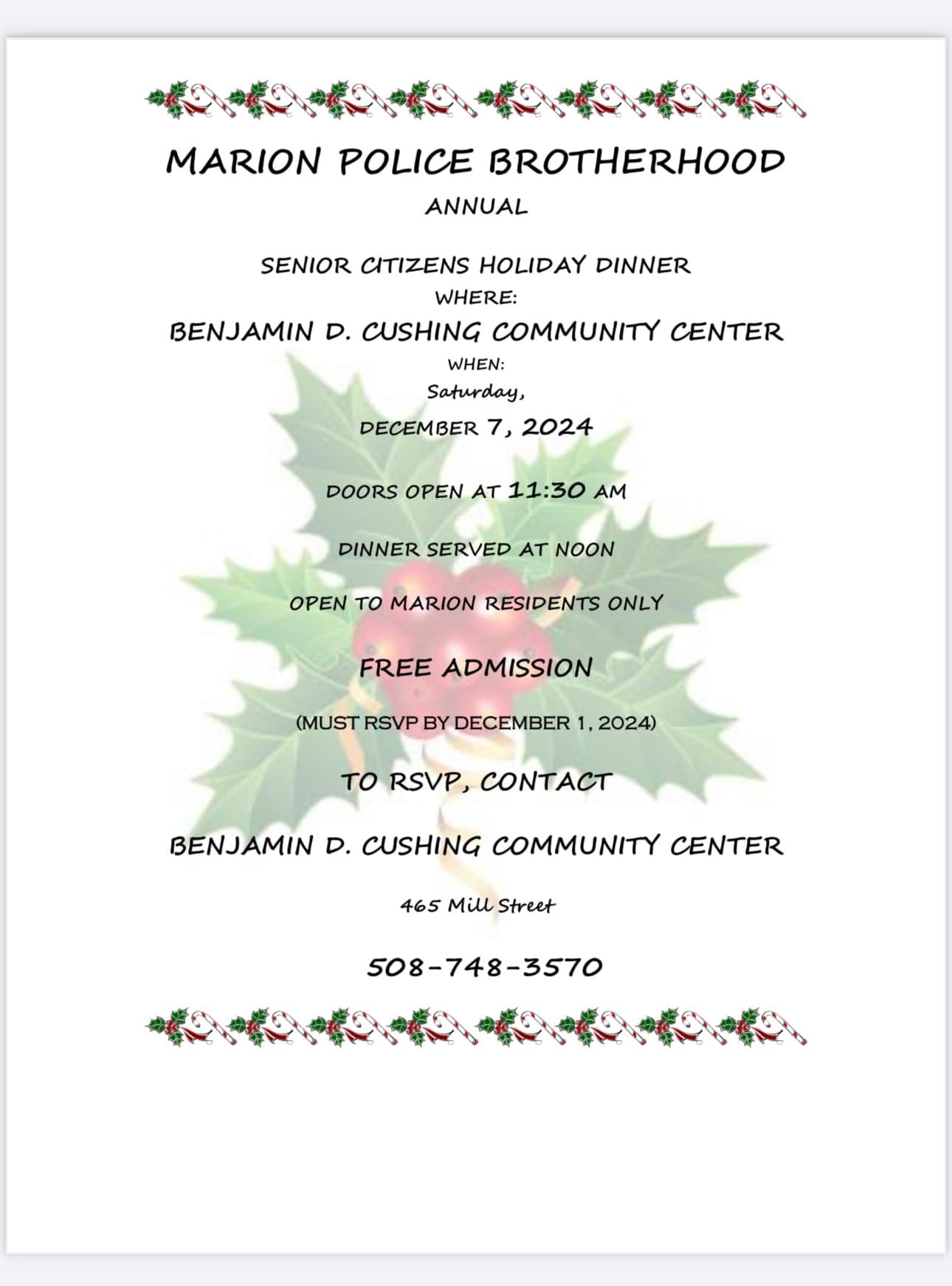 senior dinner 2024 invitation, red berries and green leaves, red and white candy canes