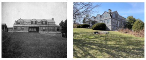 black & white image of large house on a hill on the left and on the right the same house view from r
