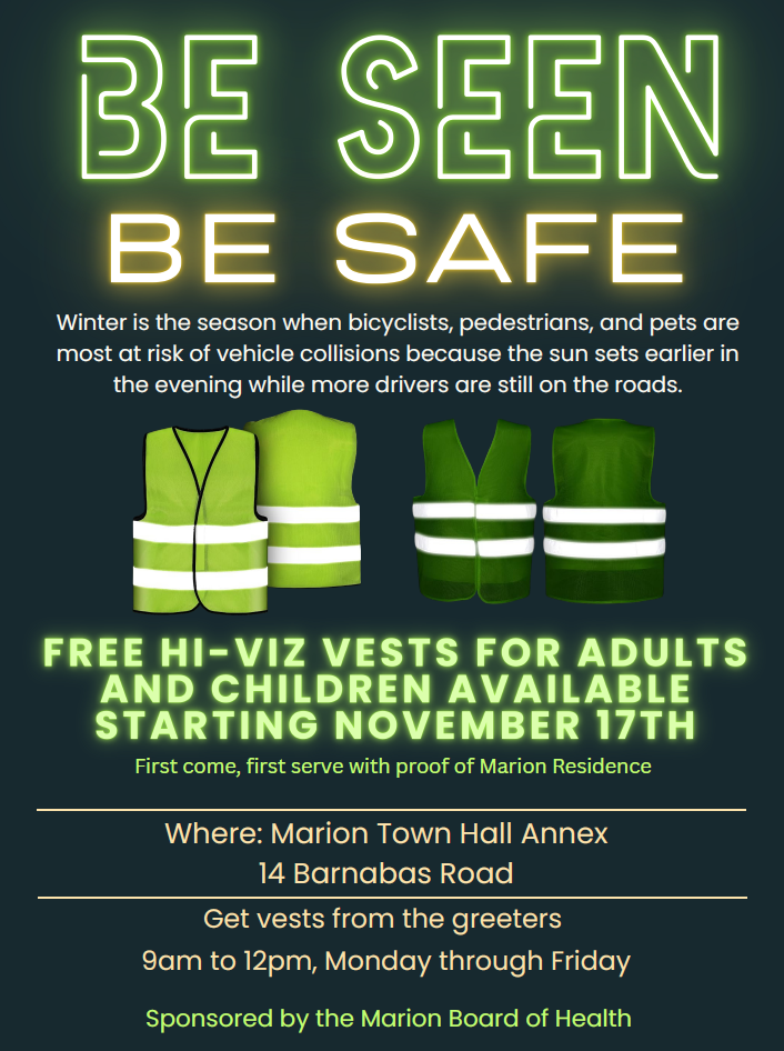 Be Seen Be Safe Poster, black background, green safety vests